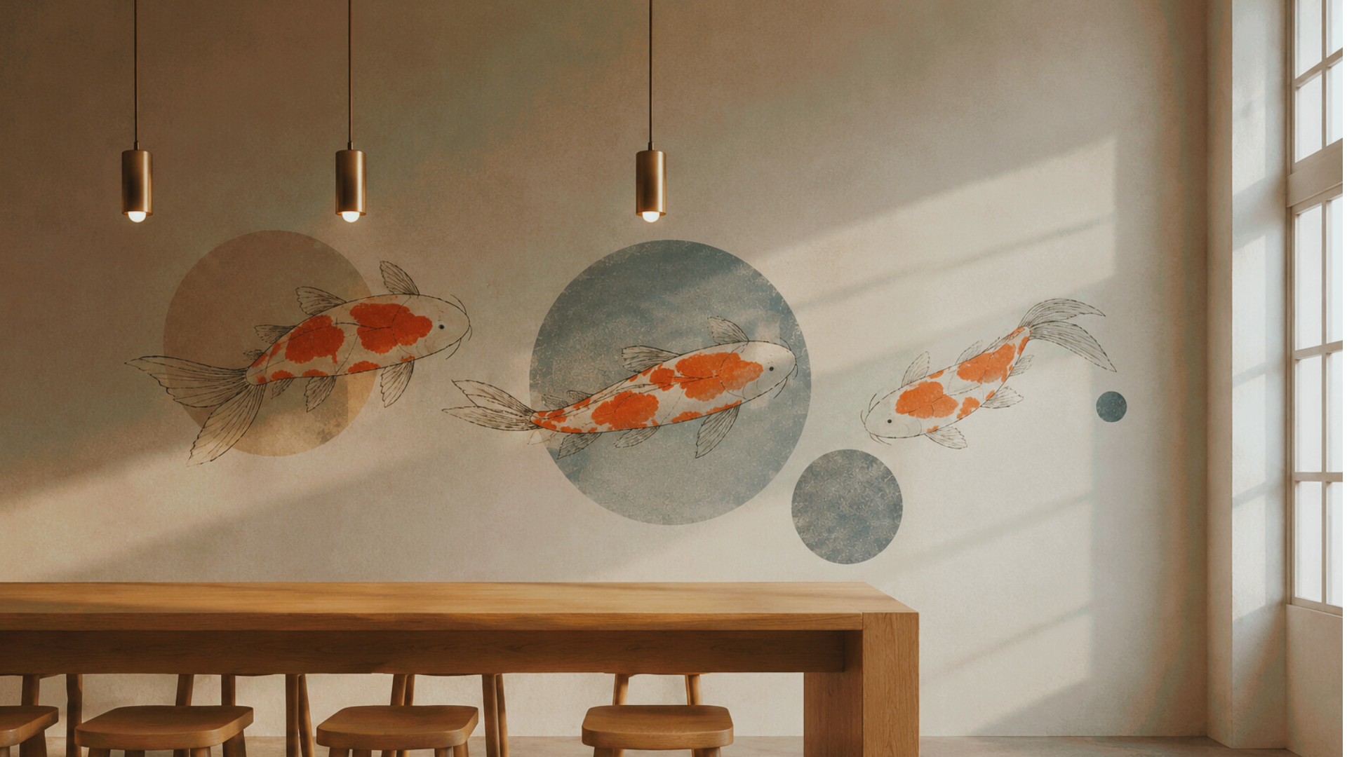 Wide view of a warm minimalist café interior with a large terracotta and charcoal hand-painted wall mural