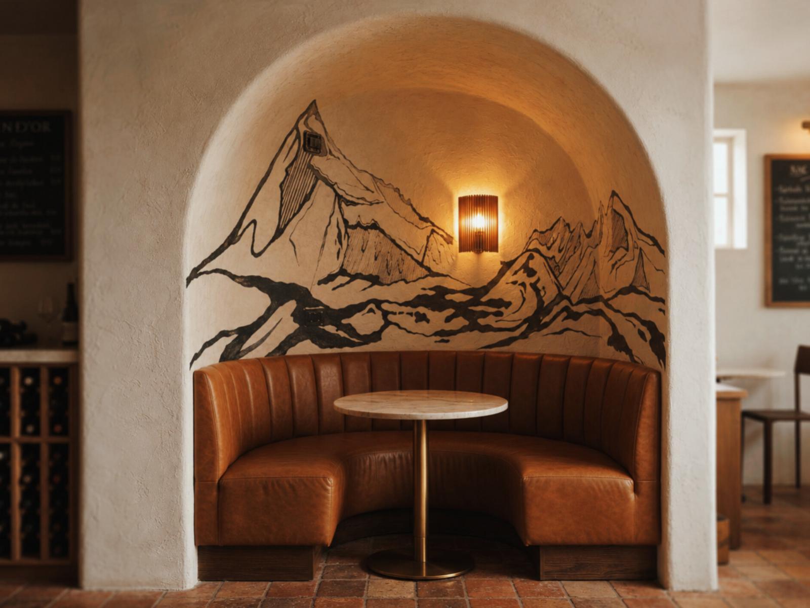 Restaurant corner booth with an artistic figurative and botanical mural painted on warm ivory walls