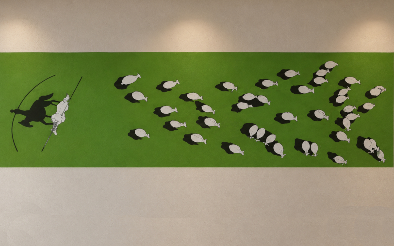 Panoramic mural frieze featuring minimalist line art figures, amphorae, and olive branches