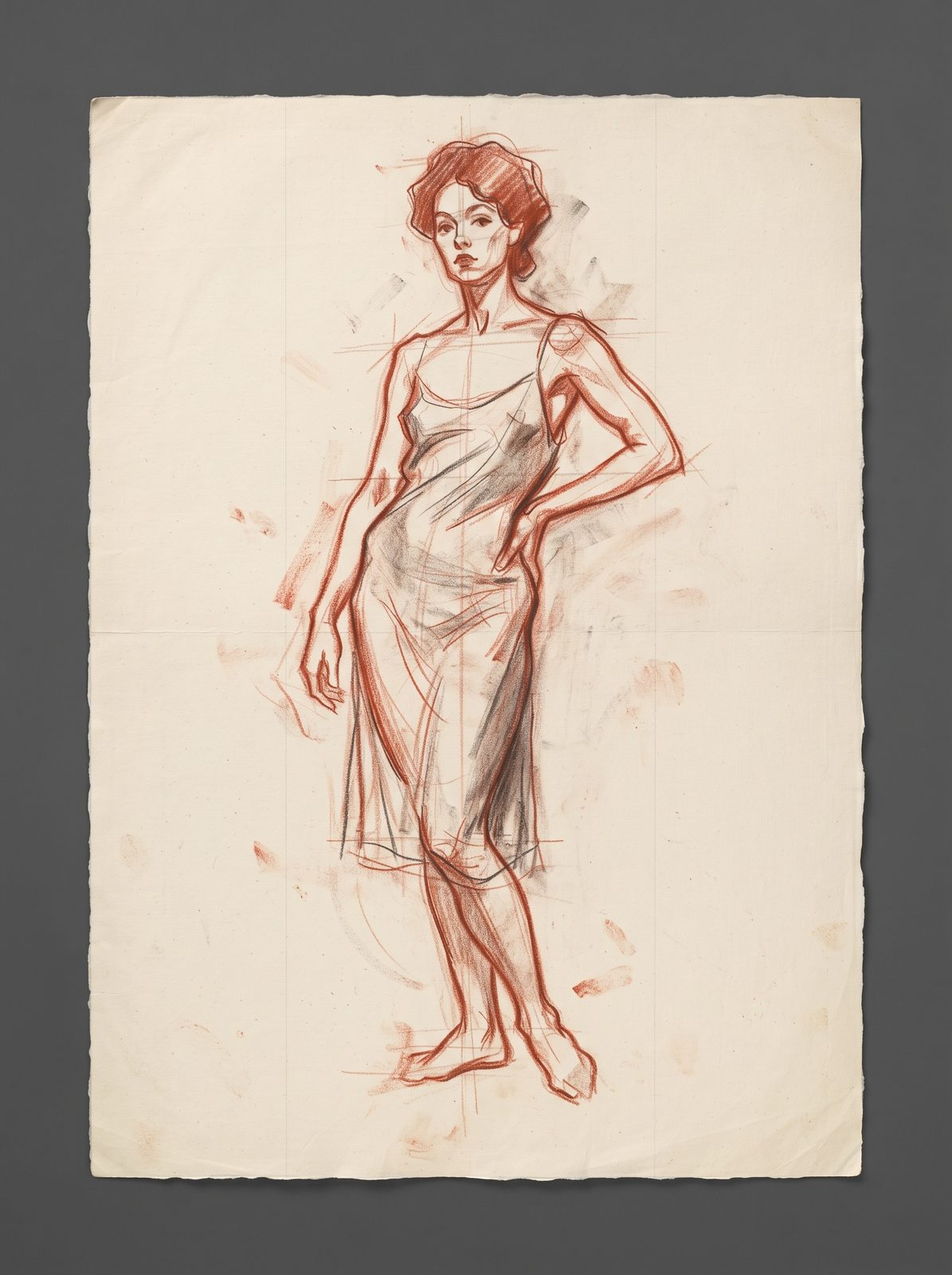 Expressive sanguine red chalk and charcoal figure study on textured cream paper
