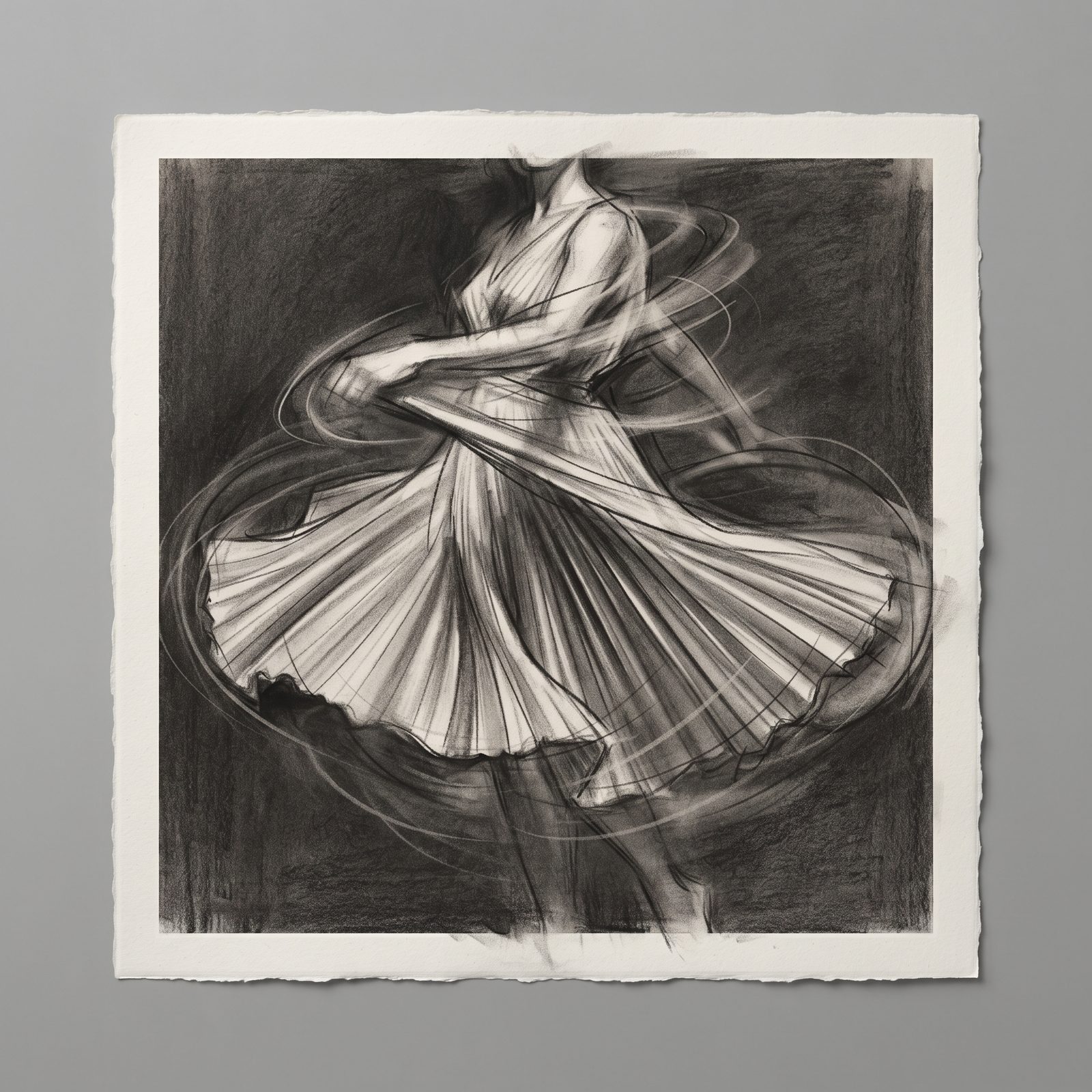 Square charcoal gesture drawing of a flowing pleated garment in motion