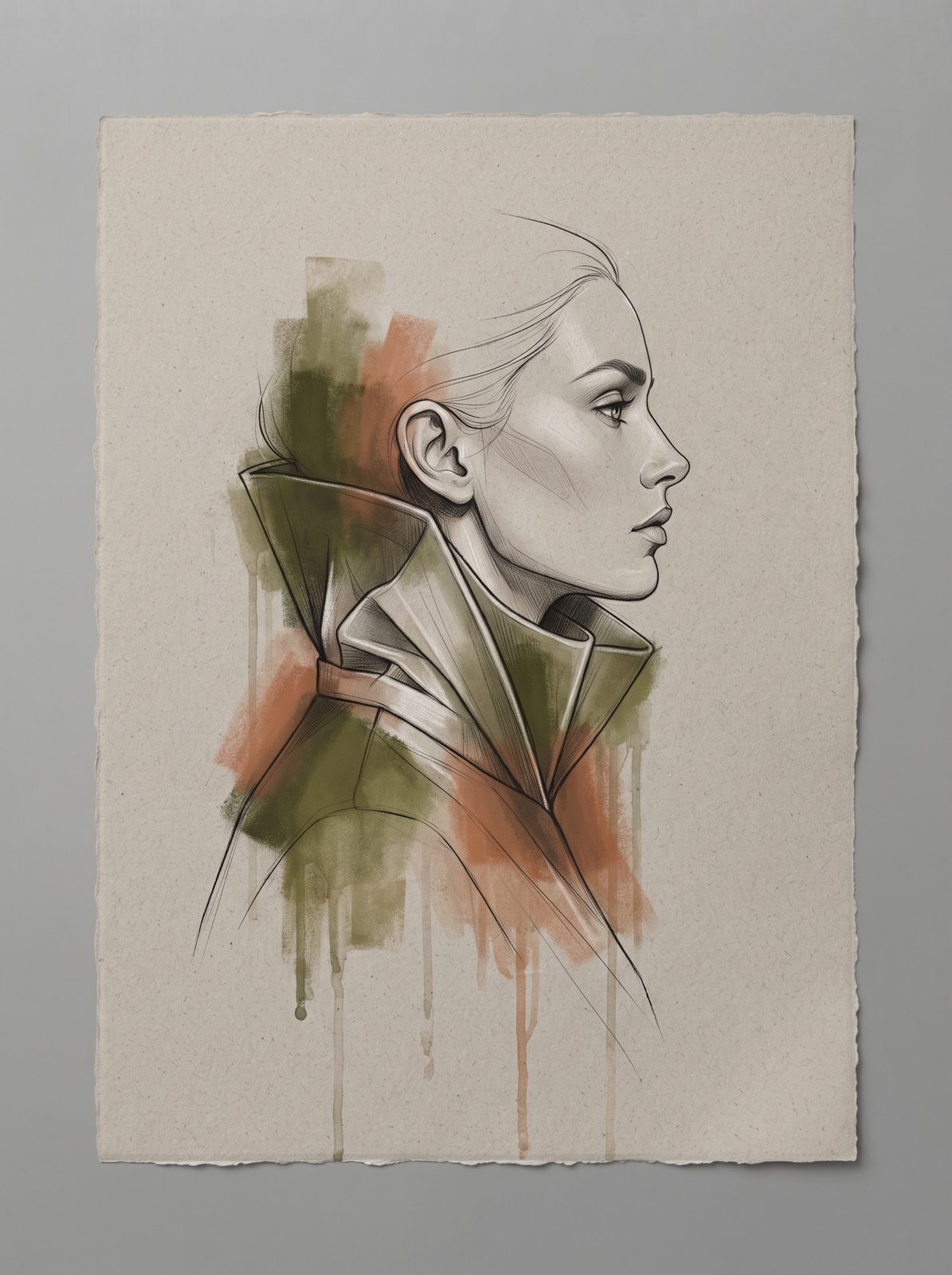 Editorial fashion portrait sketch using fine ink lines and olive and terracotta pastel accents