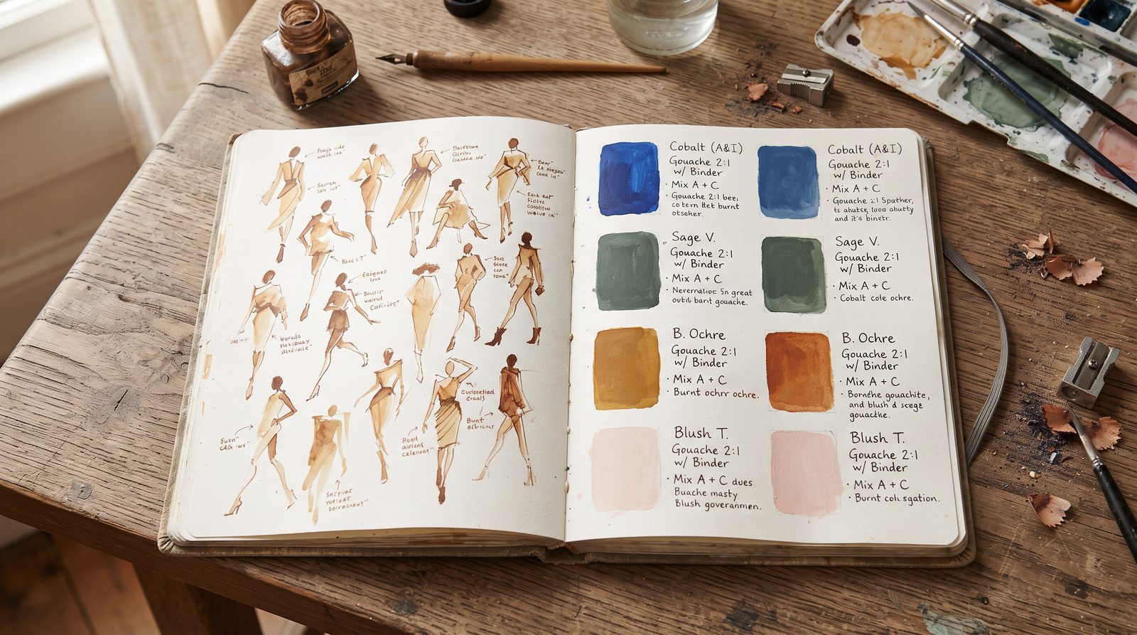 Open artist sketchbook spread showing fashion silhouette drawings, handwritten notes, and paint swatches