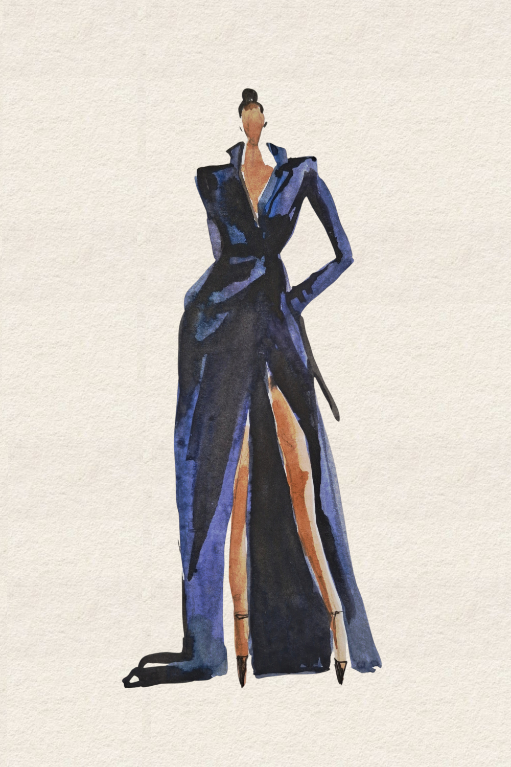Runway and live model study Look 01 in ink and watercolor wash