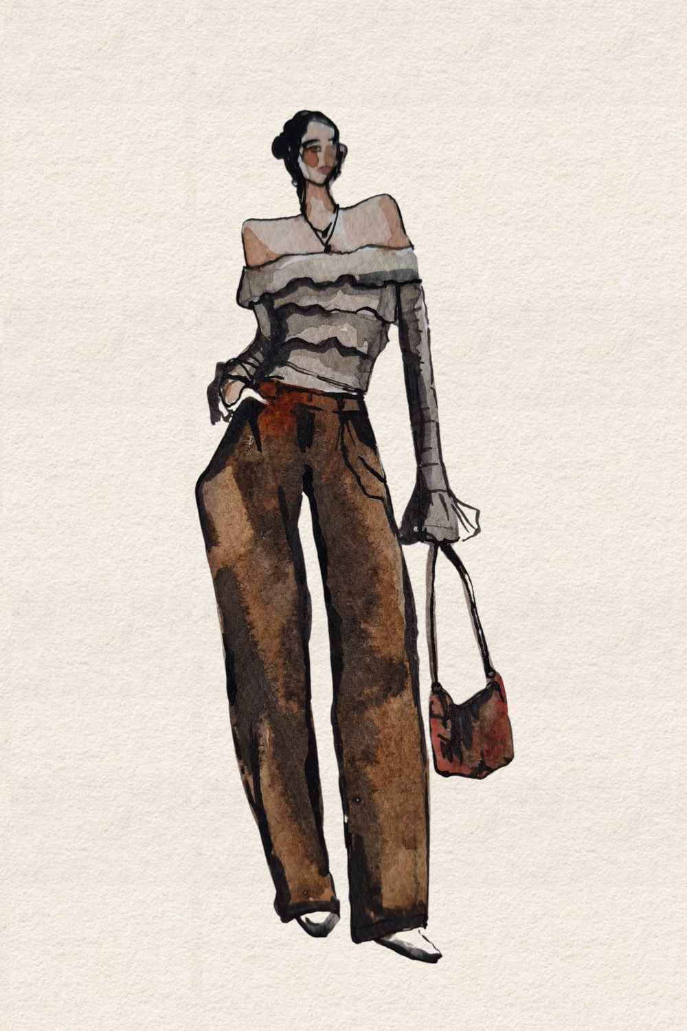 Runway and live model study Look 02 in ink and watercolor wash