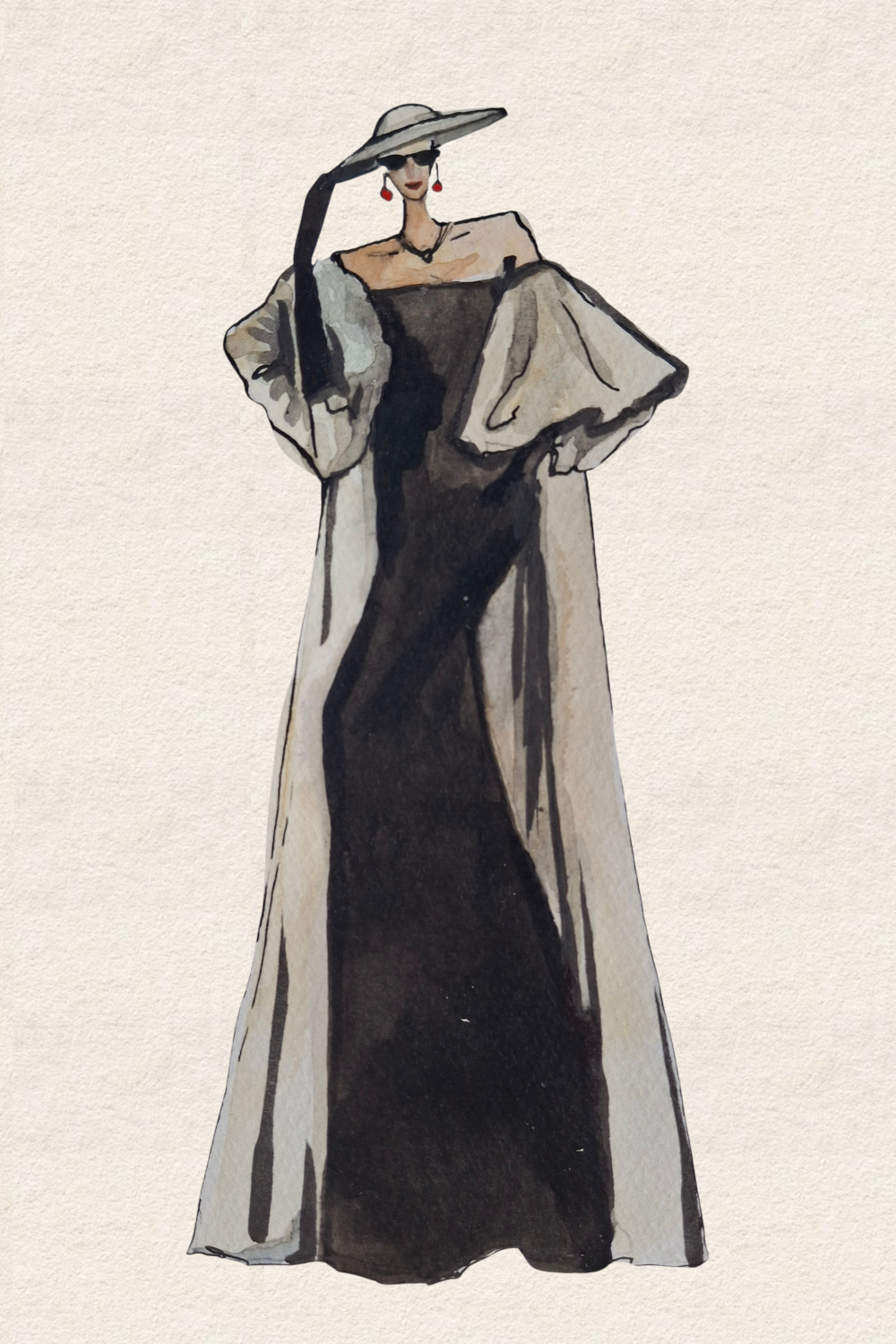 Runway and live model study Look 04 in ink and watercolor wash