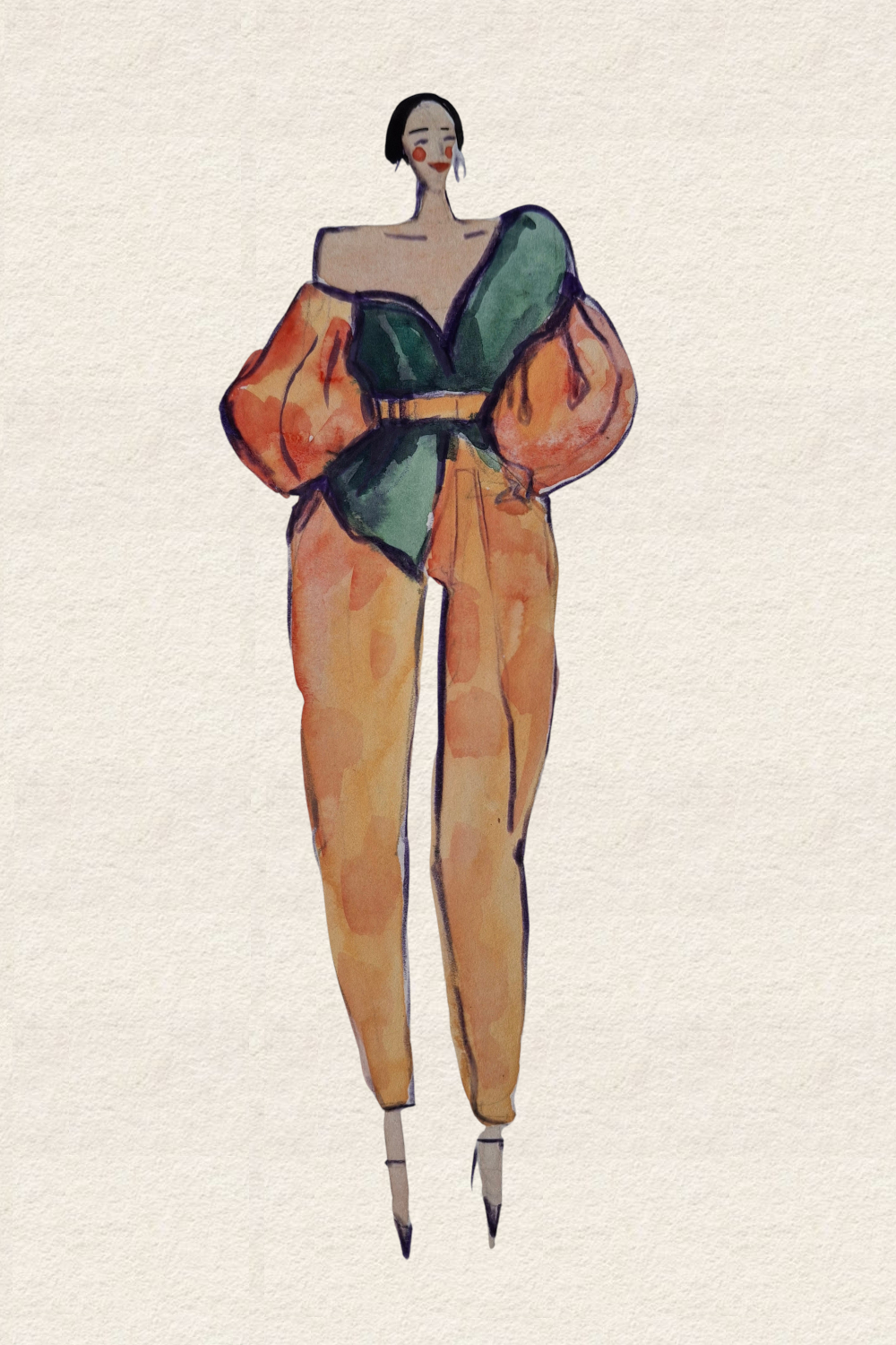 Runway and live model study Look 05 in ink and watercolor wash