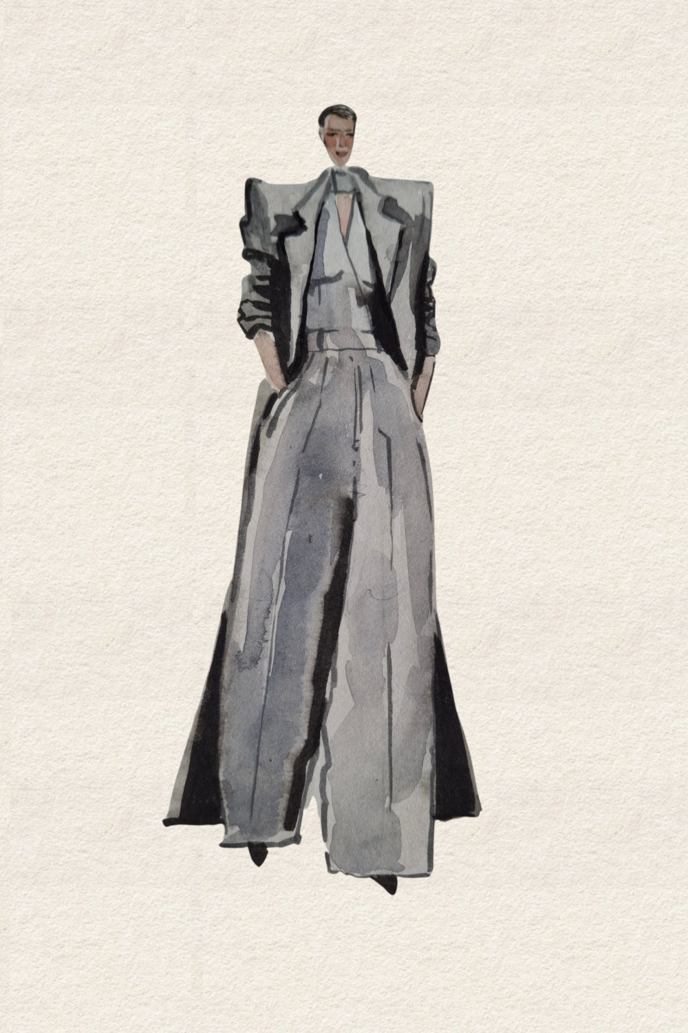 Runway and live model study Look 06 in ink and watercolor wash