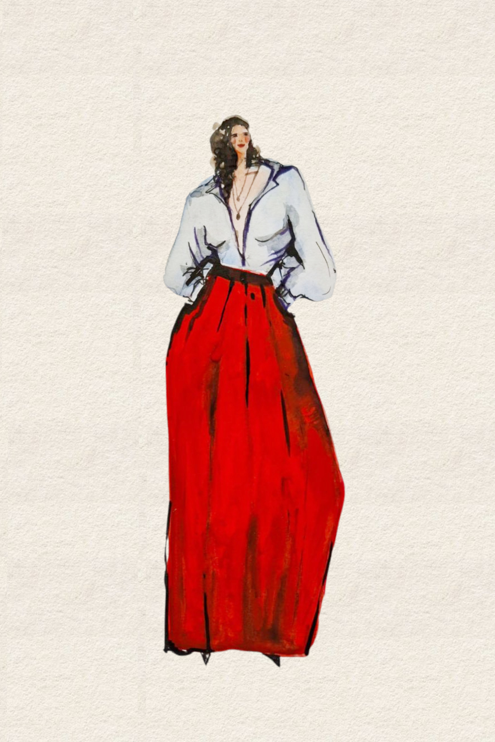 Runway and live model study Look 07 in ink and watercolor wash