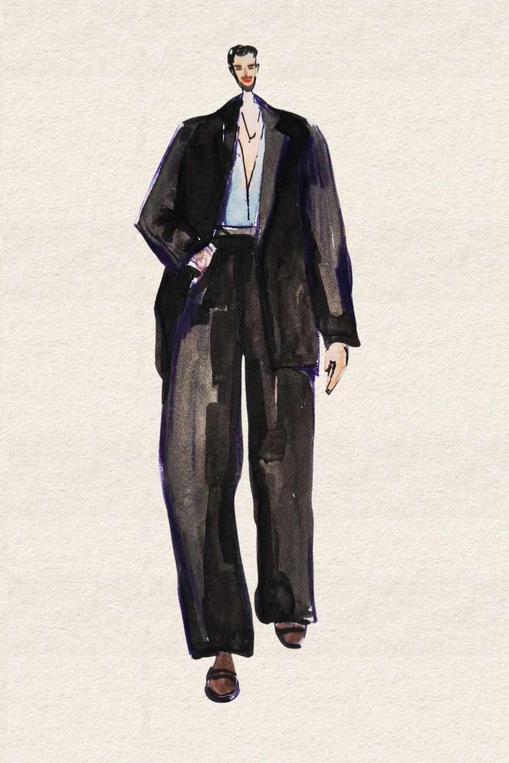 Runway and live model study Look 08 in ink and watercolor wash