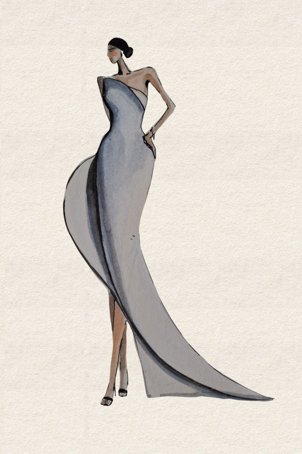 Runway and live model study Look 09 in ink and watercolor wash