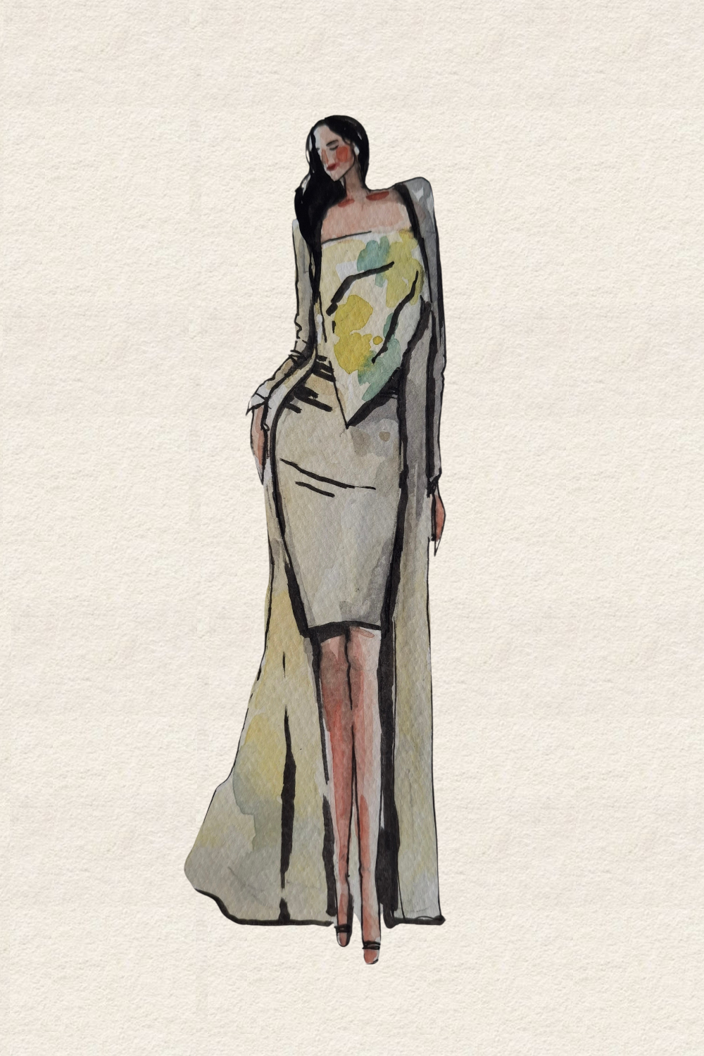 Runway and live model study Look 14 in charcoal and mineral wash