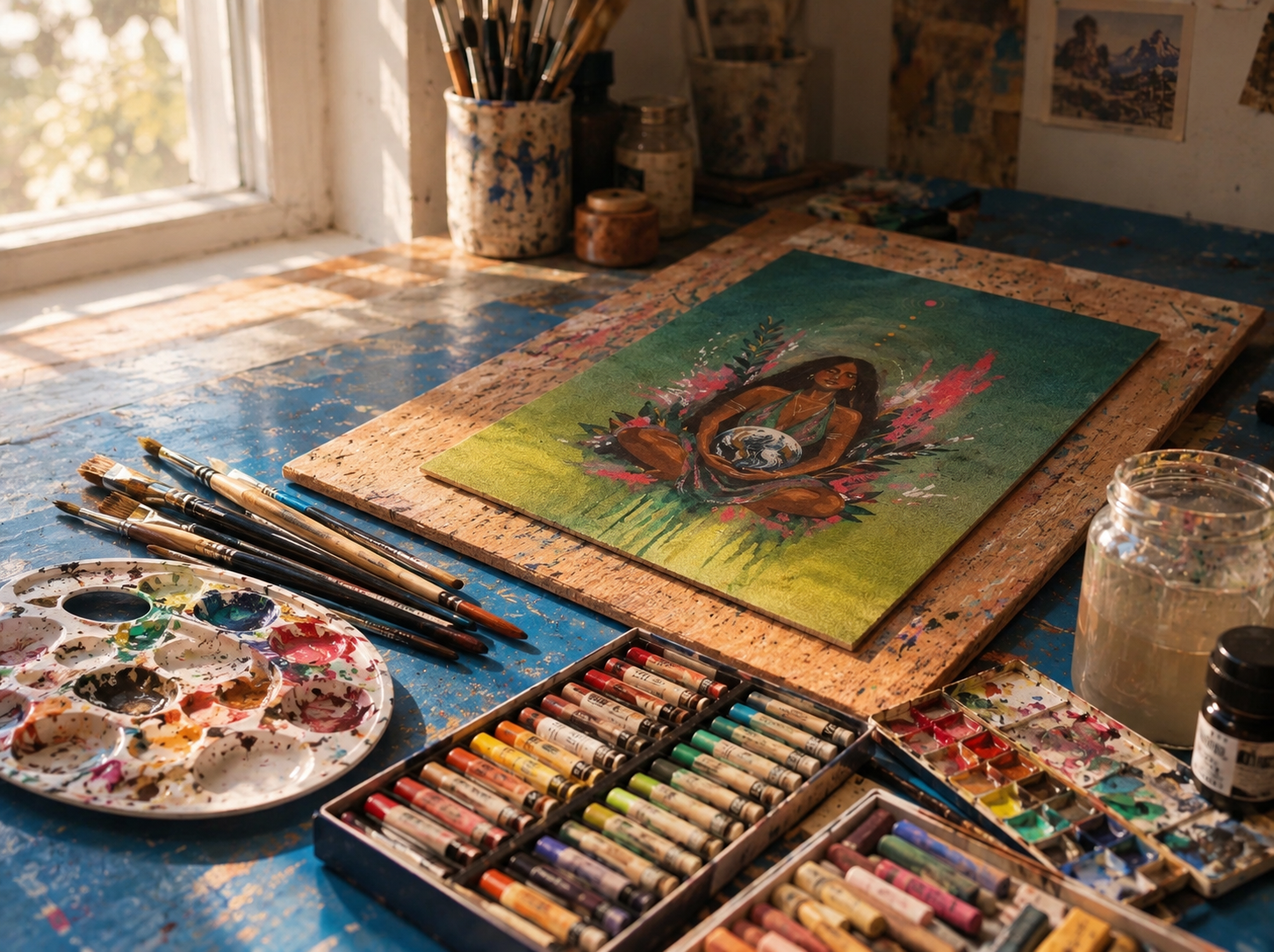 Close-up of Inaru's workbench with linen sketchbooks, pigment jars, and sable brushes
