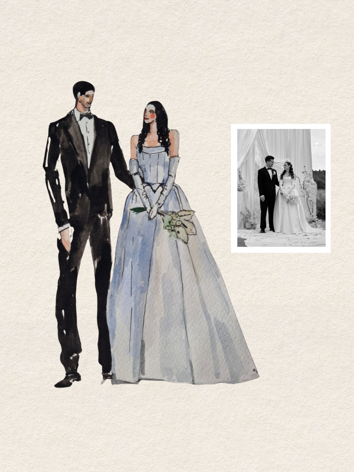 Expressive ink and watercolor illustration of a wedding couple dancing on textured paper