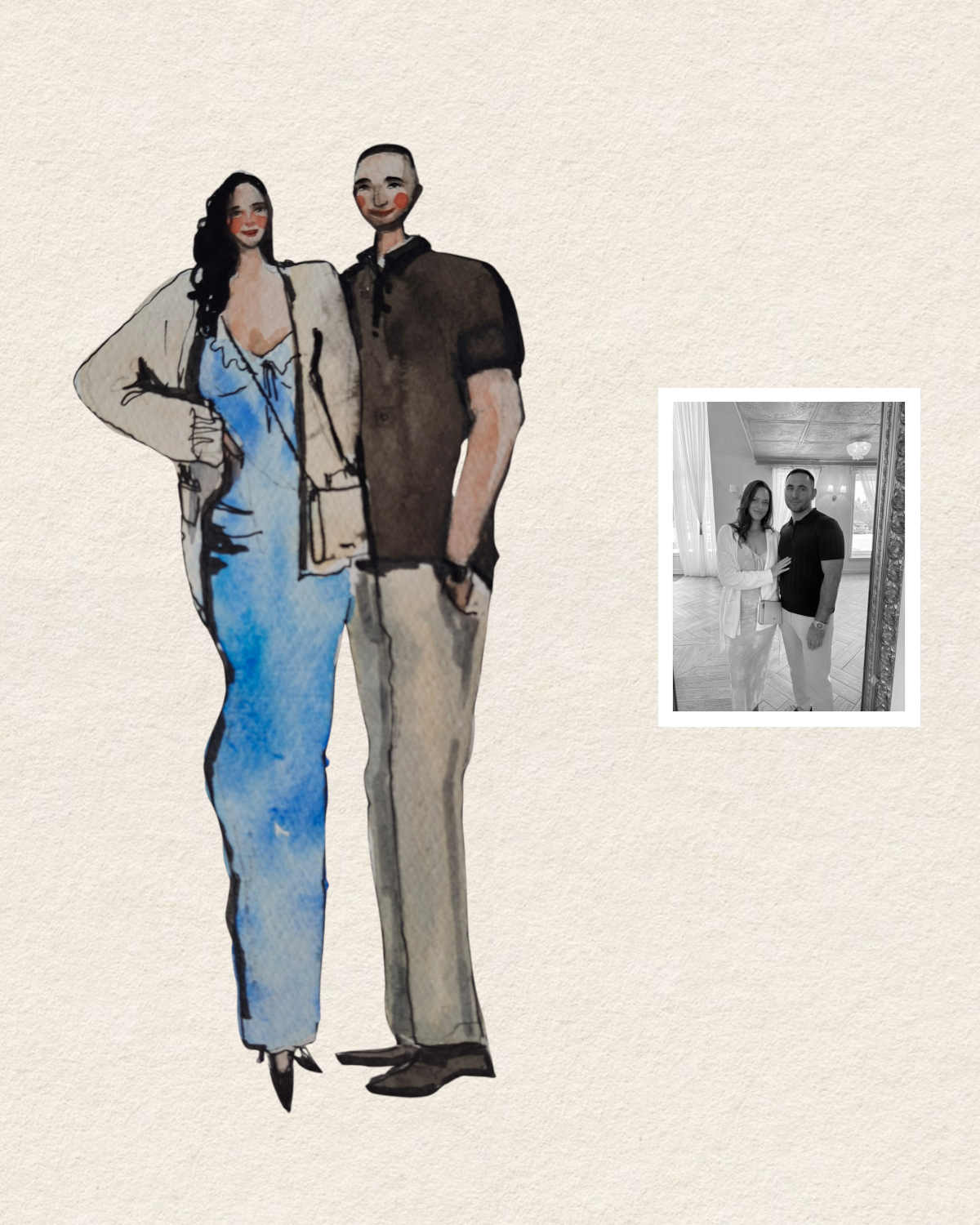 Fashion-inspired live wedding guest portrait in ink and muted rose watercolor