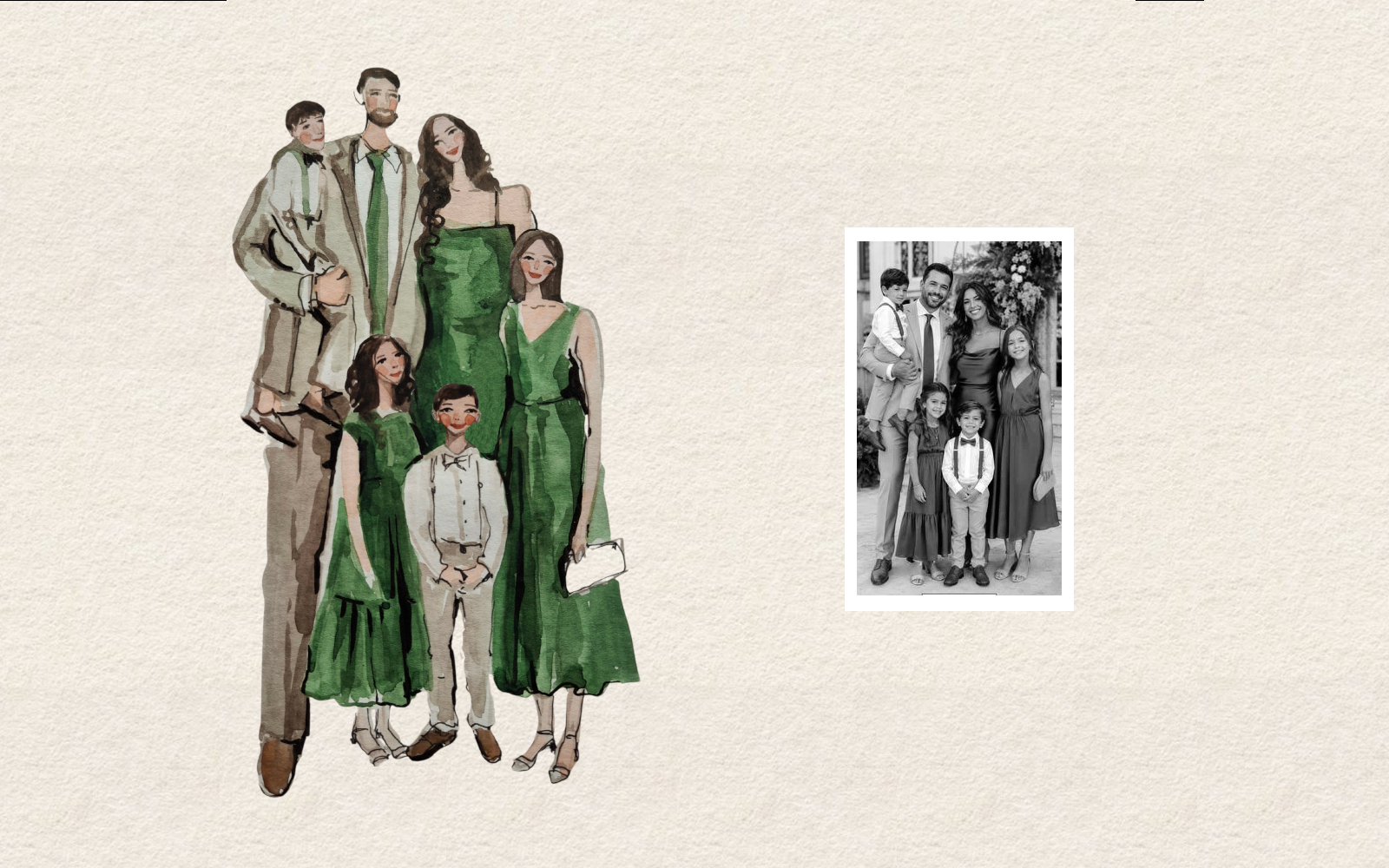 Overhead view of artist's wedding drawing table with watercolor palette, brushes, and portraits